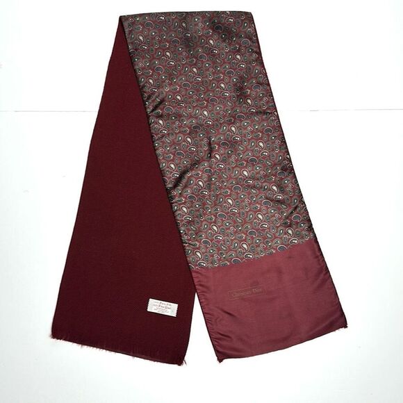 Christian Dior Men’s Reversible Doubted Scarf Silk Wool Burgundy Paisley Vintage - Picture 5 of 9